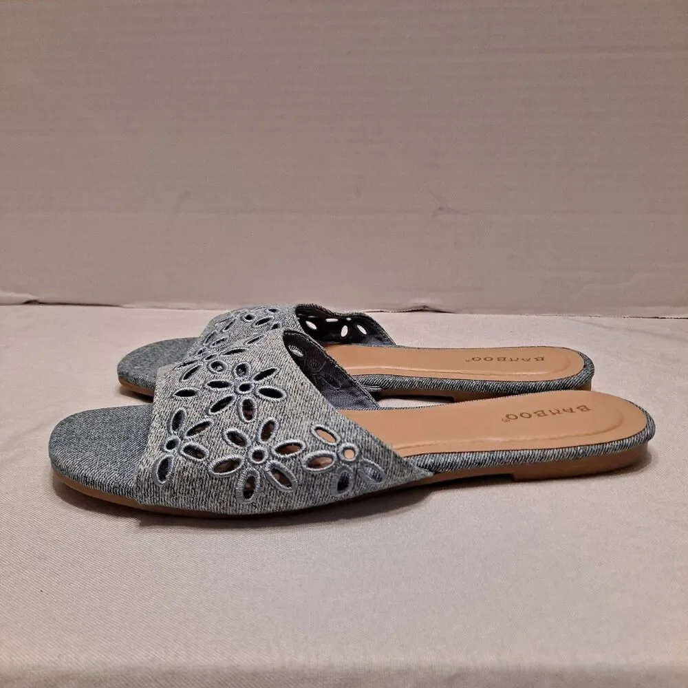 Bamboo Women's Denim Slide Sandals Size 7.5 Blue Floral Embroidered Perforated
